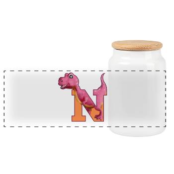 N - DINOSAUR, customizable - Panoramic Cookie Jar with Wooden Lid - white - Front