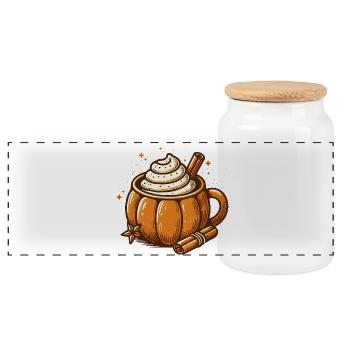 süßes Kürbis-Tassen Motiv mit Pumpkin Spice Latte - Panorama Keksdose mit Holzdeckel - Weiß - Vorne