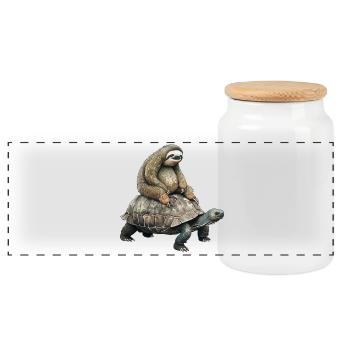 Faultier auf Schildkröte - Panorama Keksdose mit Holzdeckel - Weiß - Vorne
