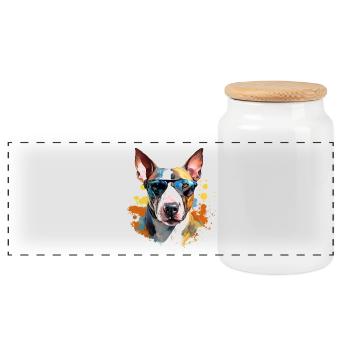 Bullterrier mit Sonnenbrille - Panorama Keksdose mit Holzdeckel - Weiß - Vorne