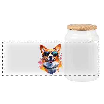 Corgie with sunglasses - Panoramic Cookie Jar with Wooden Lid - white - Front
