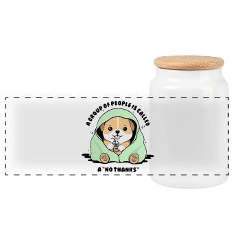 Minty Pup Under Blanket Sipping Drink - Panoramic Cookie Jar with Wooden Lid - white - Front