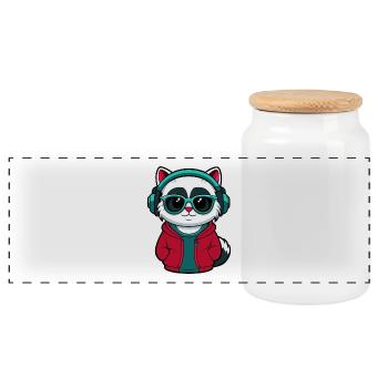 Cool Cat with Hoodie and Glasses Design - Panoramic Cookie Jar with Wooden Lid - white - Front