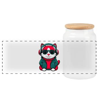 American Curl Cat Breed Cartoon Kawaii Animal Pet - Panoramic Cookie Jar with Wooden Lid - white - Front