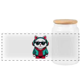 American Bobtail Cat Breed Cartoon Kawaii Animal - Panoramic Cookie Jar with Wooden Lid - white - Front