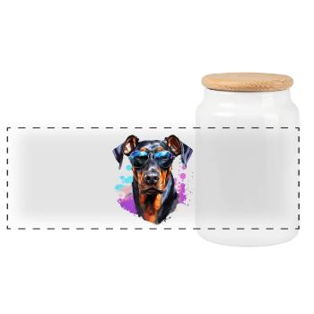 Dobermann mit Sonnenbrille - Panorama Keksdose mit Holzdeckel - Weiß - Vorne