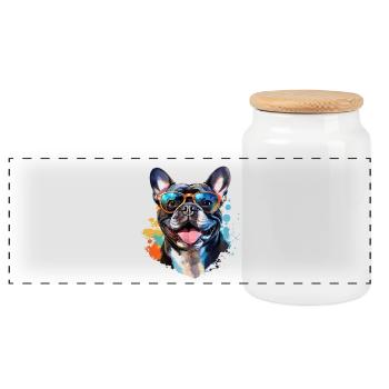 Frenchie mit Sonnenbrille - Panorama Keksdose mit Holzdeckel - Weiß - Vorne
