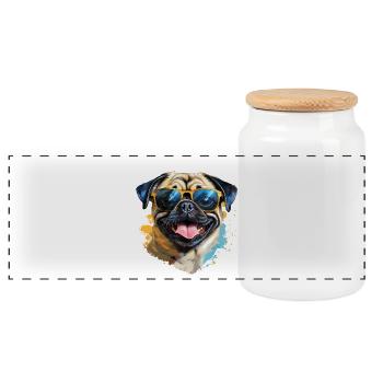 Mops mit Sonnenbrille - Panorama Keksdose mit Holzdeckel - Weiß - Vorne