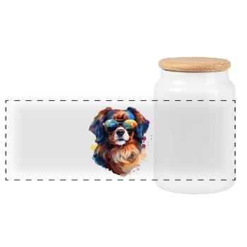Tibet Spaniel mit Sonnenbrille - Panorama Keksdose mit Holzdeckel - Weiß - Vorne