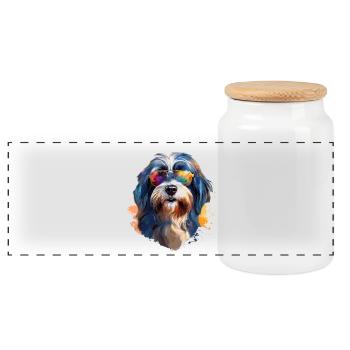 Tibet Terrier mit Sonnenbrille - Panorama Keksdose mit Holzdeckel - Weiß - Vorne