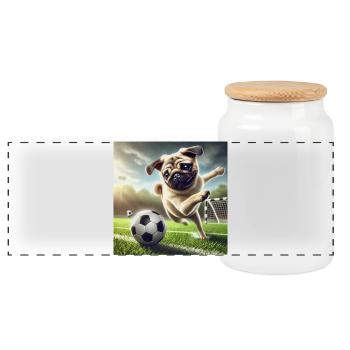 Verspielter Hund beim Fußballspiel - Panorama Keksdose mit Holzdeckel - Weiß - Vorne