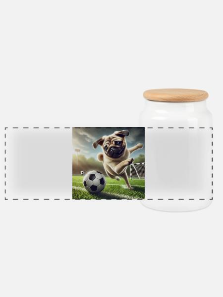 Verspielter Hund beim Fußballspiel - Panorama Keksdose mit Holzdeckel - Weiß