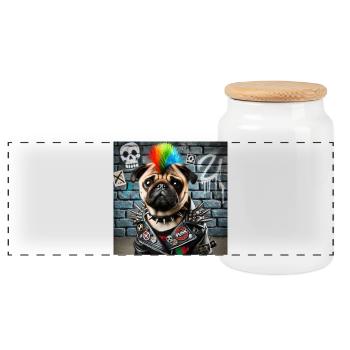 Punk Mops mit Regenbogenmähne - Panorama Keksdose mit Holzdeckel - Weiß - Vorne