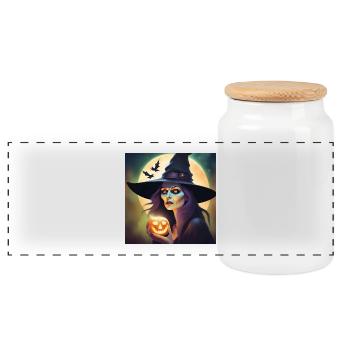 Halloween, Witch, Pumpkin - Panoramic Cookie Jar with Wooden Lid - white - Front