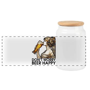 Woman drinking beer happy gift - Panoramic Cookie Jar with Wooden Lid - white - Front