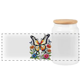 Papillon coloré dans une mer de fleurs - Boîte à biscuits avec couvercle en bois - blanc - Devant