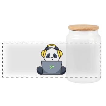 Gaming Panda mit gelbem Headset - Panorama Keksdose mit Holzdeckel - Weiß - Vorne