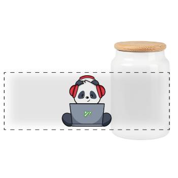 Gaming Panda mit gelbem Headset - Panorama Keksdose mit Holzdeckel - Weiß - Vorne
