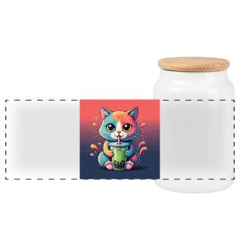Niedliche Katze mit Bubble Tea - Panorama Keksdose mit Holzdeckel - Weiß - Vorne