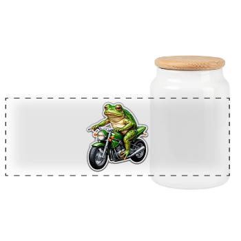 Frog on motorcycle - Panoramic Cookie Jar with Wooden Lid - white - Front