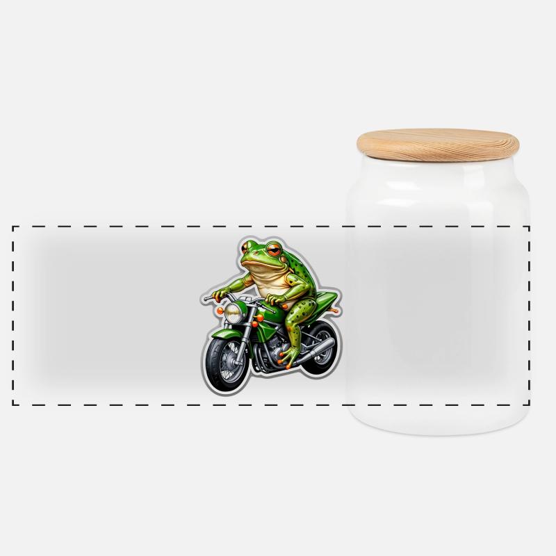 Frosch auf Motorrad - Panorama Keksdose mit Holzdeckel - Weiß
