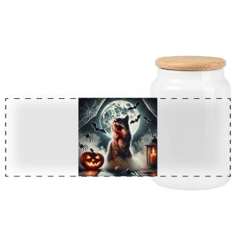 Spukvolle Katzen Halloween Gestaltung - Panorama Keksdose mit Holzdeckel - Weiß - Vorne