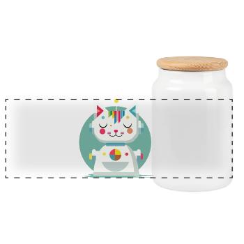 Chat robot géométrique - Illustration créative - Boîte à biscuits avec couvercle en bois - blanc - Devant