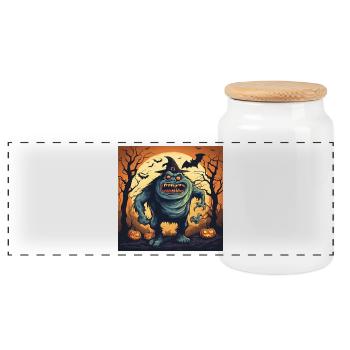 halloween, scary monster, pumpkin - Panoramic Cookie Jar with Wooden Lid - white - Front