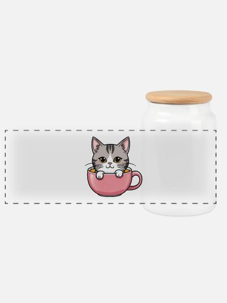 Katze in Tasse - Panorama Keksdose mit Holzdeckel - Weiß