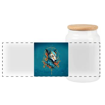 Stilisierter Wolf mit leuchtend blauem und goldenem Fell - Panorama Keksdose mit Holzdeckel - Weiß - Vorne