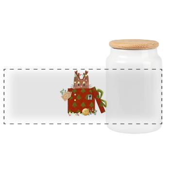 Katze in Weihnachtsgeschenk - Panorama Keksdose mit Holzdeckel - Weiß - Vorne