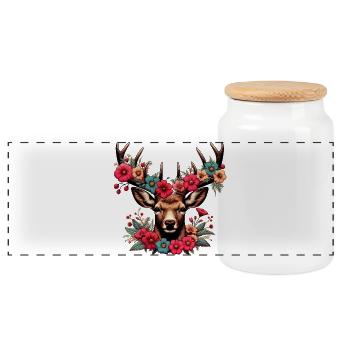 Deer with Flowers - Panoramic Cookie Jar with Wooden Lid - white - Front