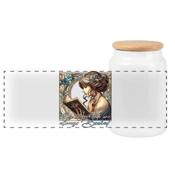 Woman Reading Weekends Book Books Gift - Panoramic Cookie Jar with Wooden Lid - white - Front
