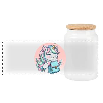 Einhorn Pastell Unicorn mit Schulranzen - Panorama Keksdose mit Holzdeckel - Weiß - Vorne