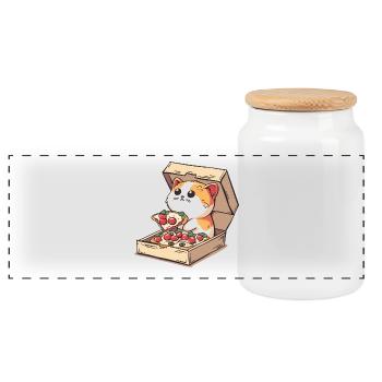 Cat Inside a Pizza Box Holding a Pizza Slice - Panoramic Cookie Jar with Wooden Lid - white - Front