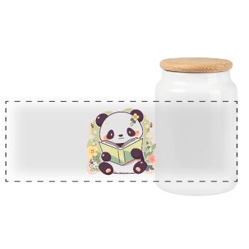 Panda Reading a Book - Cute Cartoon Design - Panoramic Cookie Jar with Wooden Lid - white - Front