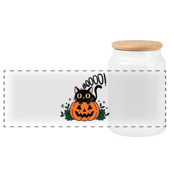 Halloween Katze Boo - Spooky Cat - Panorama Keksdose mit Holzdeckel - Weiß - Vorne