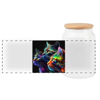 Neon Cats on a Black Background - Panoramic Cookie Jar with Wooden Lid - white - Front