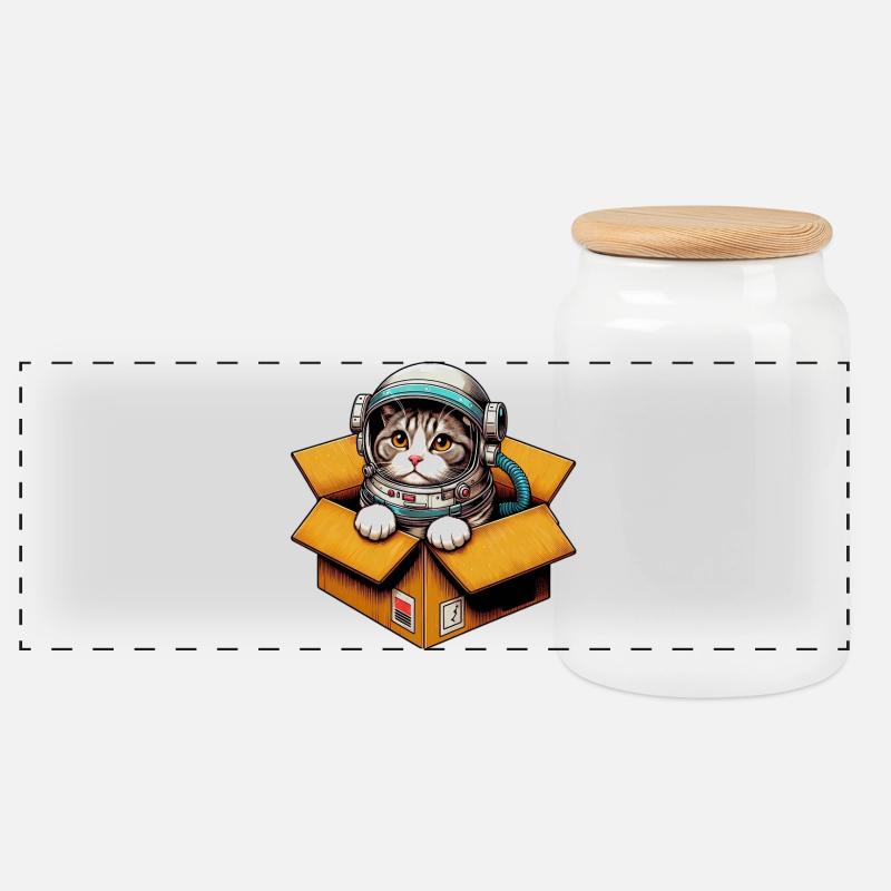 Astronaut Katze - Panorama Keksdose mit Holzdeckel - Weiß