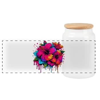Hibiscus Flowers - Panoramic Cookie Jar with Wooden Lid - white - Front