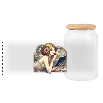 Jugendstil Frau Buch Bücher Lesen Geschenk - Panorama Keksdose mit Holzdeckel - Weiß - Vorne