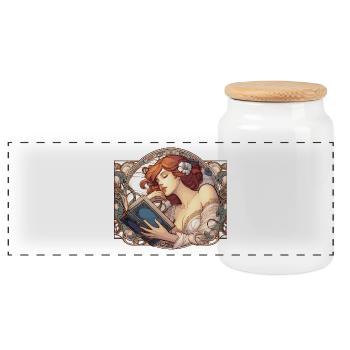 Jugendstil Frau Buch Bücher Lesen Geschenk - Panorama Keksdose mit Holzdeckel - Weiß - Vorne