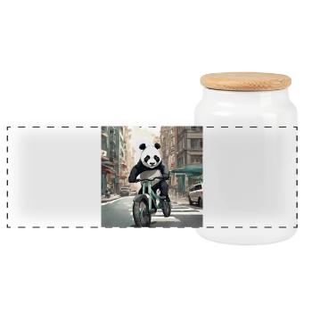 Panda on a bike in the city - Panoramic Cookie Jar with Wooden Lid - white - Front