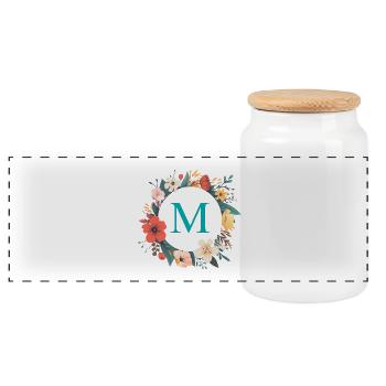 M Monogram, Couronne de fleurs, Personnalisable - Boîte à biscuits avec couvercle en bois - blanc - Devant