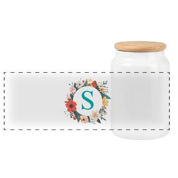 S Monogram, Flower Wreath, Personalizable - Panoramic Cookie Jar with Wooden Lid - white - Front