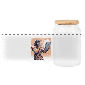 Idea Idea Caveman Stone Tablet Gift - Panoramic Cookie Jar with Wooden Lid - white - Front