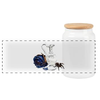 Karaffe mit verwelkter Rosenblüte, taranteln - Panorama Keksdose mit Holzdeckel - Weiß - Vorne