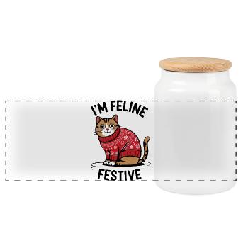Festliche Katze mit Weihnachtspullover - Panorama Keksdose mit Holzdeckel - Weiß - Vorne