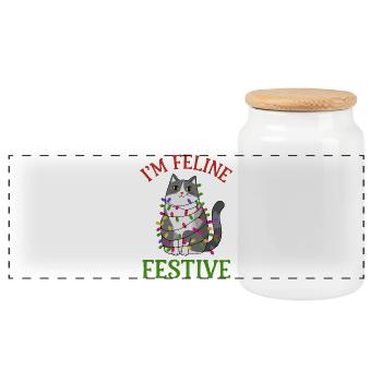 Conception de guirlande lumineuse festive féline - Boîte à biscuits avec couvercle en bois - blanc - Devant