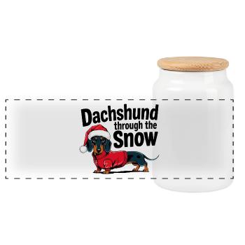 Dachshund in Holiday Sweater with Santa Hat - Panoramic Cookie Jar with Wooden Lid - white - Front